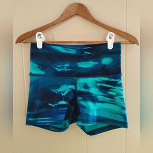 Short length bike shorts, rich green and blue watercolor pattern, S, ON Active